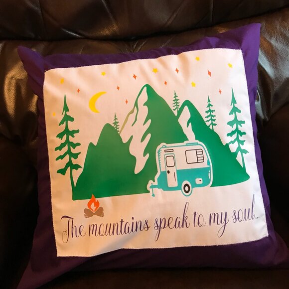 Mountain Camping Pillow Cover, 18x18: Handmade Vintage Camper Teal Purple Decor - Picture 6 of 10